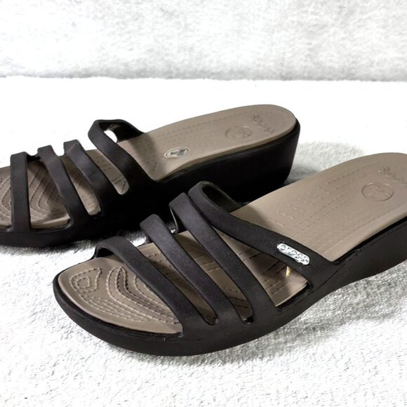 Crocs Womens Size 10 Rhonda Wedge Slip On Strappy Sandals Slides Open Toe Brown - Picture 2 of 13